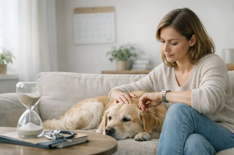 Wartezeiten bei der Hundekrankenversicherung Eine besorgte Hundebesitzerin, die sich über Wartezeiten bei der Hundekrankenversicherung informiert.